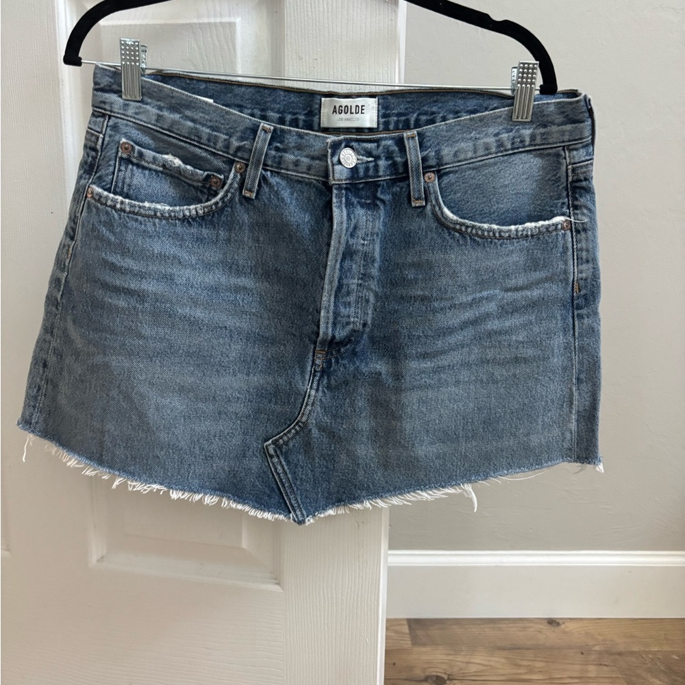 AGOLDE Parker Angled Denim Jean Skirt Womens 30 Blue Distressed Frayed Edge